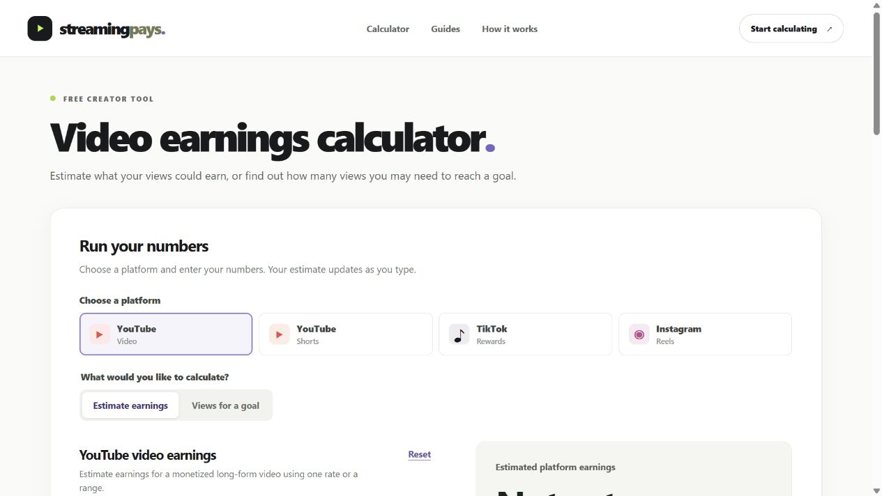 StreamingPays calculator with platform choices for YouTube, Shorts, TikTok, and Instagram Reels